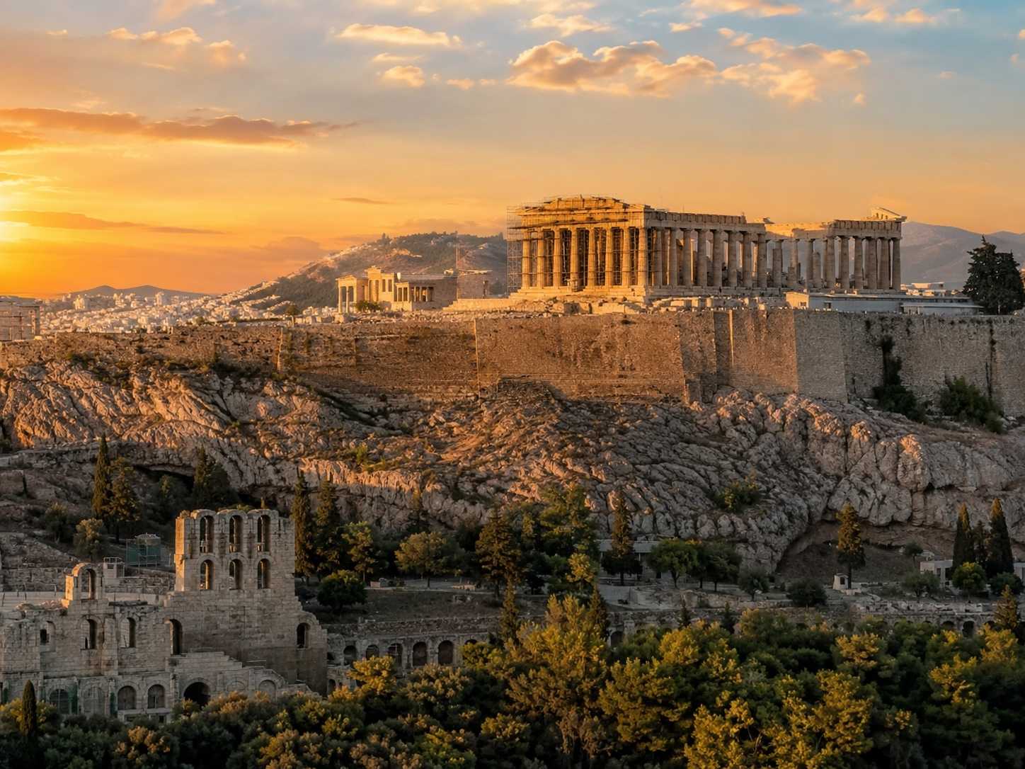 The Parthenon on the Acropolis of Athens glowing at golden hour