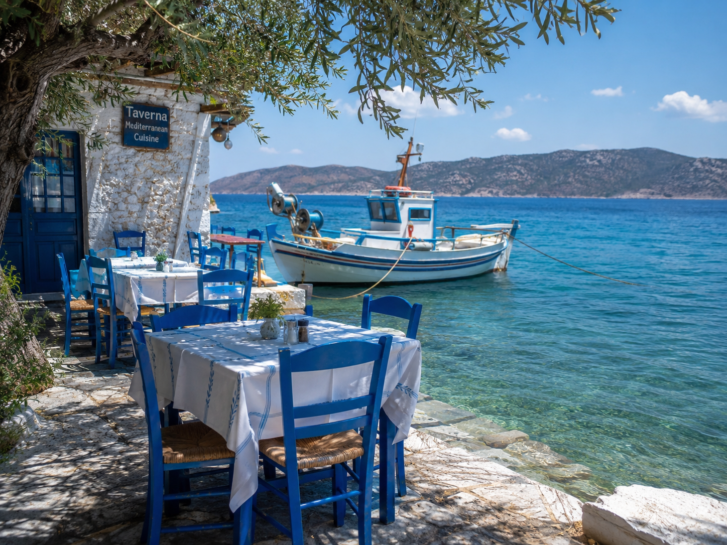 A seaside taverna with blue chairs and a fishing boat on turquoise water