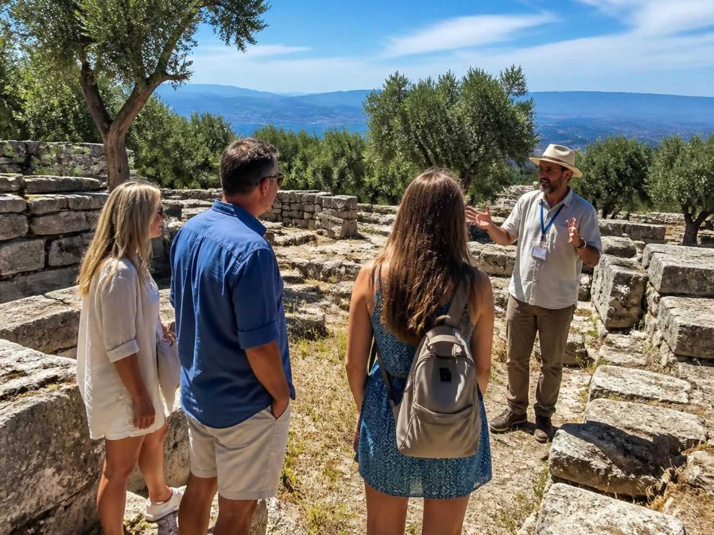 A guide talking to a small group among ruins, olive trees and hills beyond