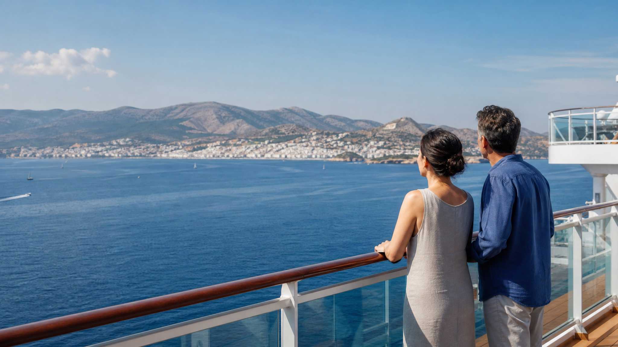 Couple at a cruise ship railing looking toward the Greek coast