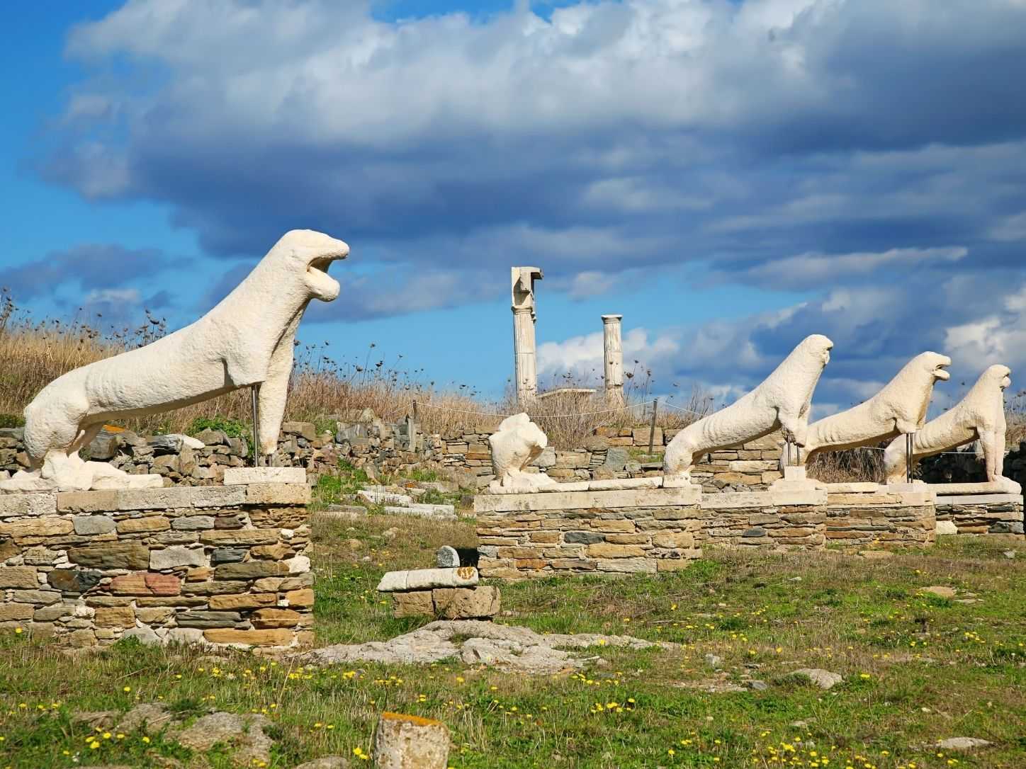 The ancient marble lions of Delos on their terrace above the sea
