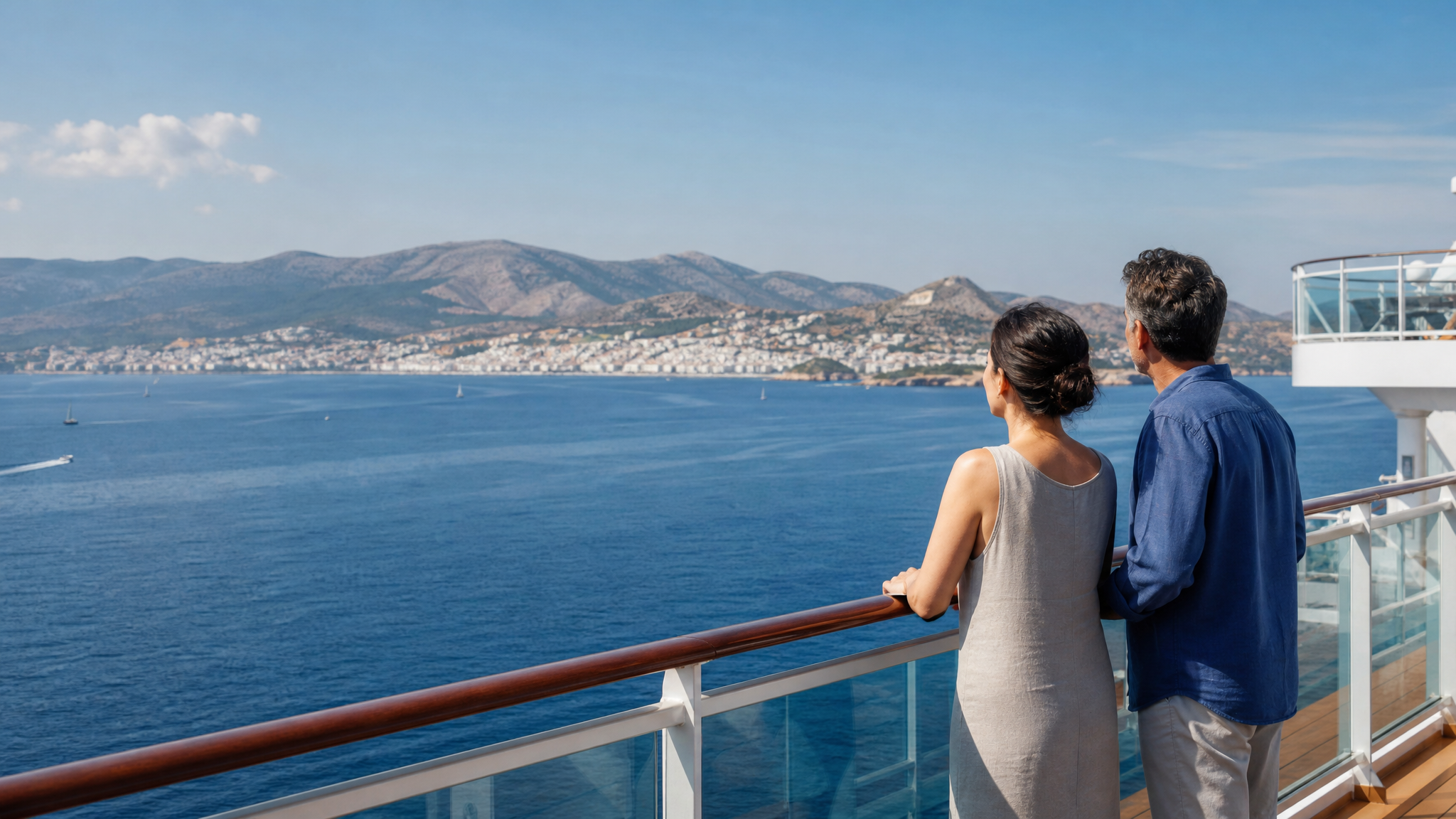 Cruise ships berthed at Piraeus with Athens hills in the distance