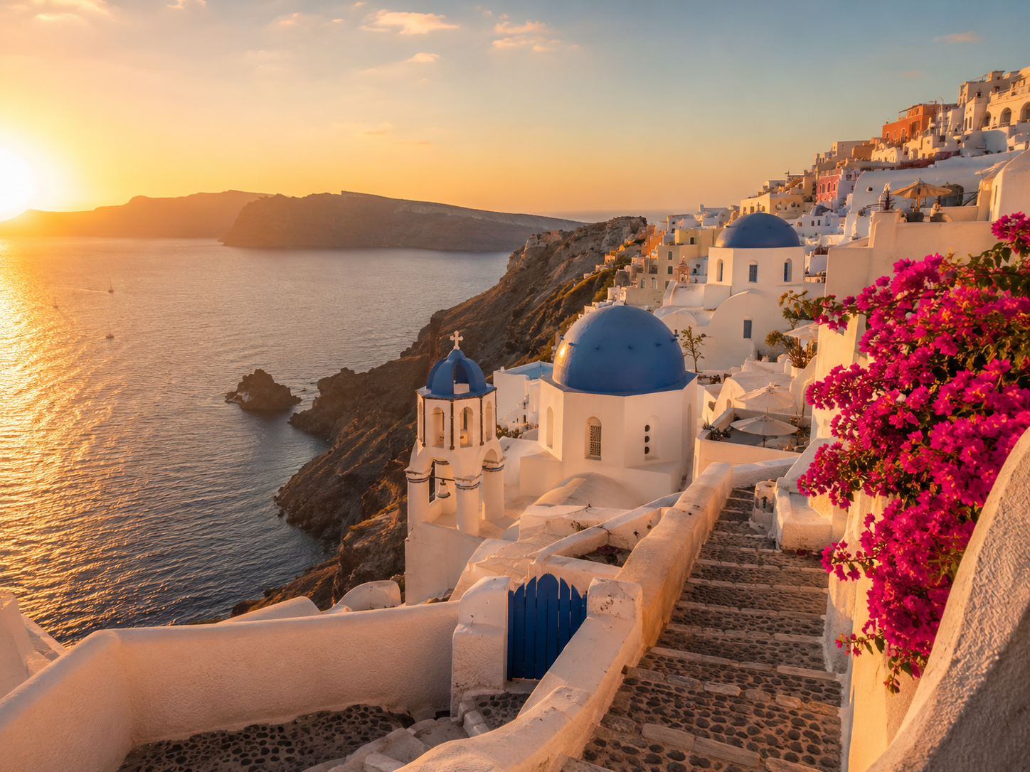 Blue-domed churches of Oia above the Santorini caldera at sunset
